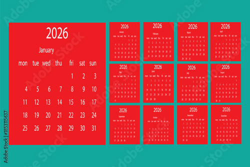 2026 calendar template. Corporate and business planner diary. The week starts on Monday. Set of 12 months of pages.