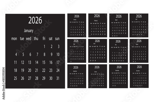2026 calendar template. Corporate and business planner diary. The week starts on Monday. Set of 12 months of pages.