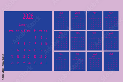 2026 calendar template. Corporate and business planner diary. The week starts on Monday. Set of 12 months of pages.