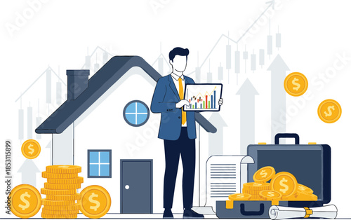 Financial advisor standing by a house and growth chart, showing successful real estate investment, mortgage loans, and property market prosperity.