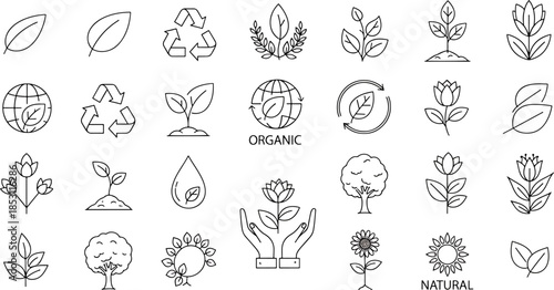Eco friendly icons set for organic nature, sustainability, recycling, and growing plants, healthy lifestyle, clean earth