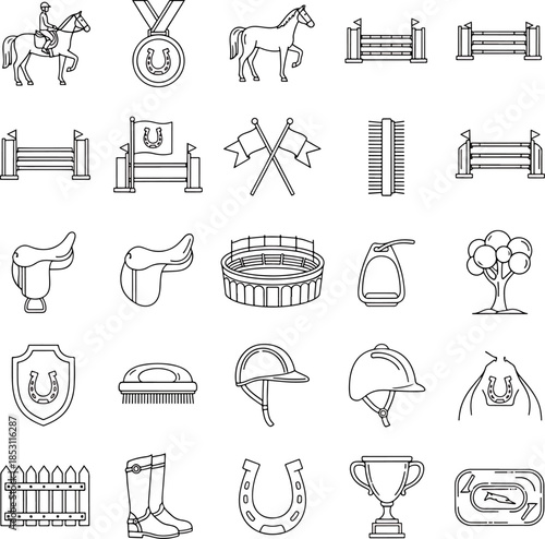 Equestrian Equipment and Symbols Collection Vector Set Featuring Horses Hurdles Helmets Saddles Trophies and Fences