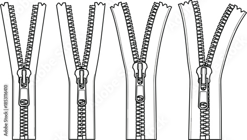 Metal Zipper Vector Set with Open and Closed Fasteners for Clothing Fashion Tailoring and Garment Design Isolated Elements