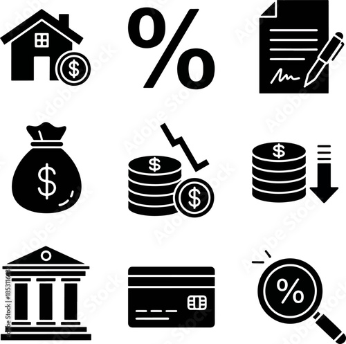 Financial and Banking Icons Set, Representing Money Growth, Savings, Loans, and Investments with a Modern Style