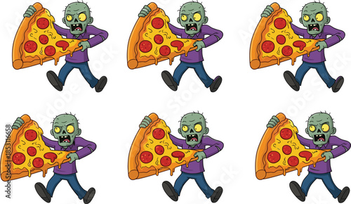 Funny cartoon zombie character holding giant pizza slice, spooky yet cute monster illustration set, colorful comic style vector isolated on white