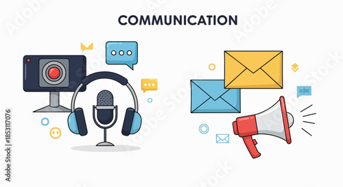 Modern Communication Methods Illustrated with Icons and Symbols like Megaphone, Email, Microphone, and Video Camera