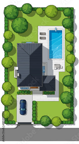 Modern luxury house with swimming pool and lush green garden backyard overhead view aerial drone perspective