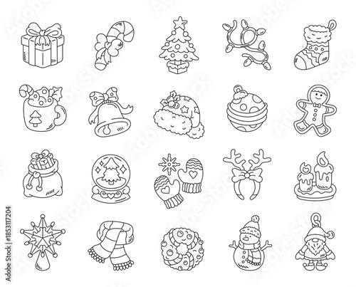Christmas set in outline line art showcasing charming seasonal decorations and traditional festive items inspired by warm winter celebrations crafted for joyful project needs