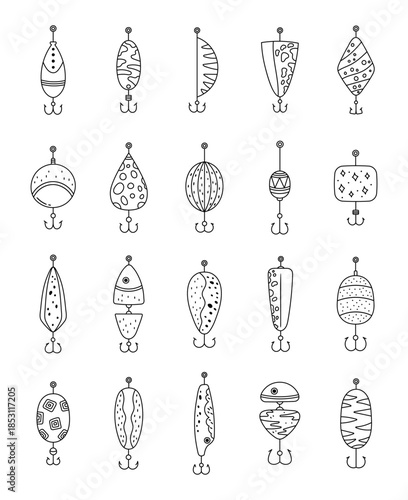 Fishing bait set in outline line art lure hook featuring objects designed angling equipment usage water sport on the environment and recreation elements angler