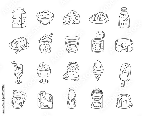 Dairy product set in outline line art food illustration with milk, cheese, yogurt, butter, kefir, ice cream, pudding, glass, cone, bar, jug, popsicle