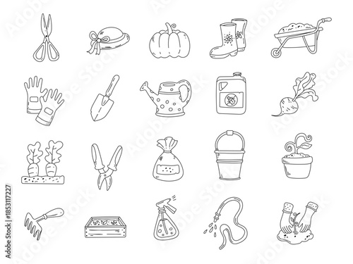 Garden set in outline line art, tools and planting equipment for cultivating vegetables and maintaining activities with various helpful items designed for everyday work and for your projects