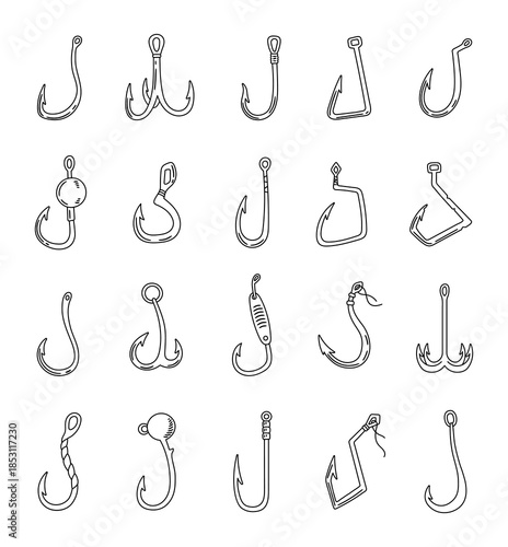 Fishing hook set in outline line art presents varied angling tackle shapes designed for outdoor use projects illustration needs marketing, branding, advertising, publishing