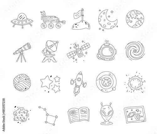 Astronomy set in outline line art exploring diverse celestial objects for scientific observation across cosmic phenomena within imaginative educational research discovery creative designs projects