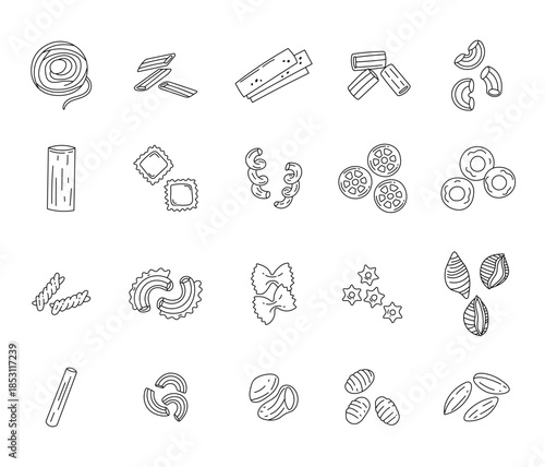 Pasta food set in outline line art featuring spaghetti penne lasagne rigatoni gobbetti cannelloni ravioli cavatappi rotelle anelli fusilli farfalle conchiglie orzo