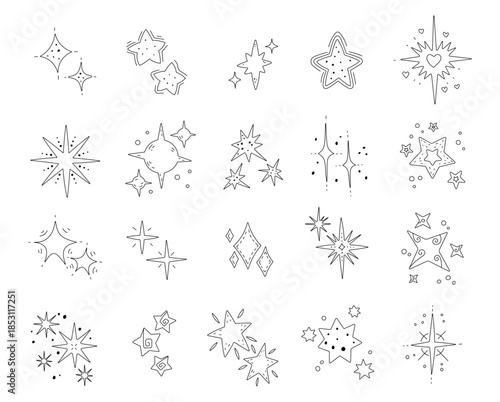 Star galaxy set in outline line art sparkle cosmic shapes with various celestial forms created for your creative astronomical illustration decorative design projects