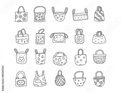 Fashion bag set in outline line art for showing handbags with different shapes, handmade details suitable perfect for your stylish illustration and creative designs projects