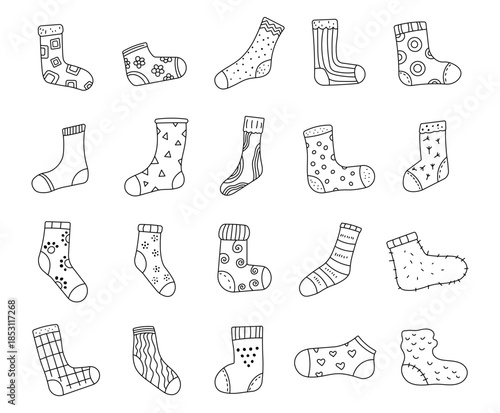 Sock set in outline line art featuring cozy clothing ornaments designed for nursery kids apparel decor illustration projects and handmade textile concepts