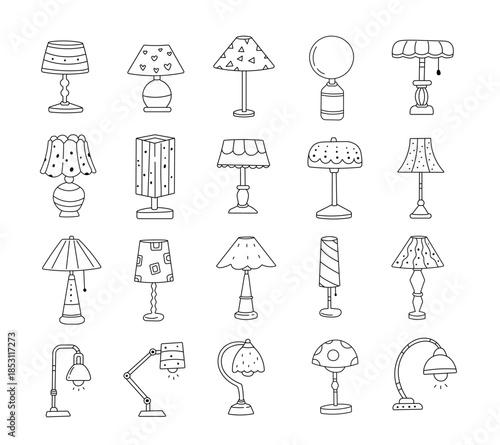 Lamp set in outline line art with various interior table and desk lighting forms for cozy interior decoration projects and warm home illustration design needs purposes