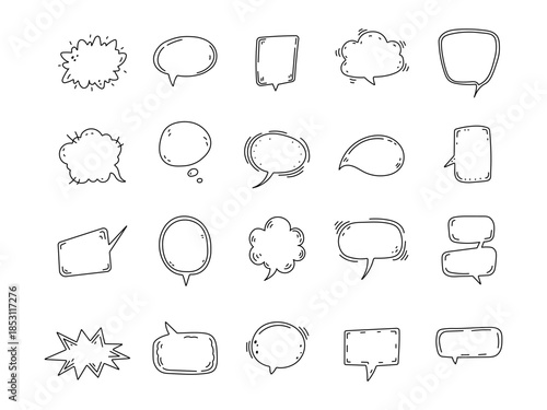 Speech bubble set in outline line art with different dialogue shapes conversational elements communication for messaging perfect for your illustration and creative designs projects