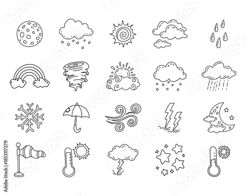 Weather forecast set in outline line art featuring sun, moon, cloud, rain, snow, wind, storm, temperature elements, umbrella rainbow for meteorology projects
