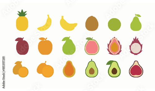 Minimal tropical fruit icons vector set featuring sliced exotic fruits and fresh produce