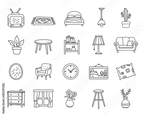 Home interior furniture objects set in outline line art showing living room bedroom items including television, sofa, bed, lamp, rug, plant