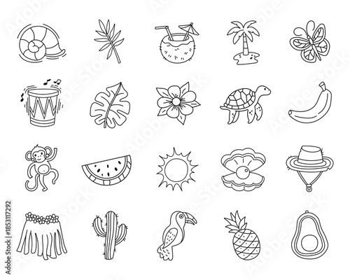 Summer tropics set in outline line art illustrated nature objects animals fruits plants inspired by island life ocean beaches perfect for your projects