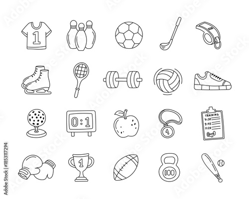 Sport equipment training objects set in outline line art featuring balls shoe weights rackets trophies medals uniforms tools nutrition awards schedule scoreboard
