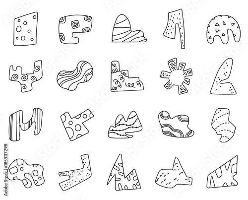 Abstract figure set in outline line art with various hand drawn forms suitable for illustration projects and handmade pattern designs for creative crafting purposes decorative elements