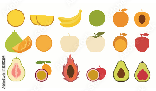 Tropical fruits flat vector illustration set with sliced and whole pineapple banana kiwi citrus apple and exotic fruits