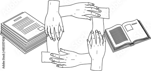 Four hands linked together in a square, symbolizing strong teamwork, group collaboration, academic study, and cooperative business partnership agreements.