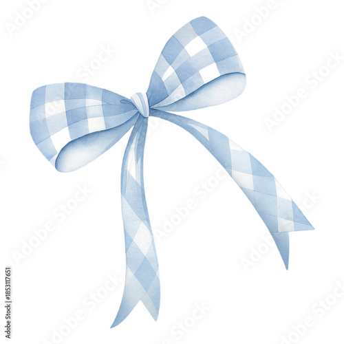 Watercolor blue gingham bow ribbon illustration for baby boy nursery decor hand painted cute textile element isolated on black background
