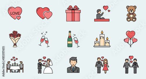 Romantic Valentine's Day Icon Set Featuring Hearts, Couples, Gifts, and Celebratory Symbols