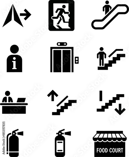 Set of 9 Black and White Icons Showing Directional Arrows, Emergency Exit, Escalator, Elevator, Stairs, Receptionist, Fire Extinguisher, and Food Court Signage
