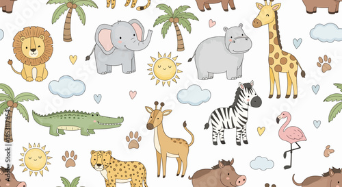 Cute Cartoon Jungle Safari Animals Seamless Pattern with Palm Trees Clouds Sun Hearts and Paw Prints