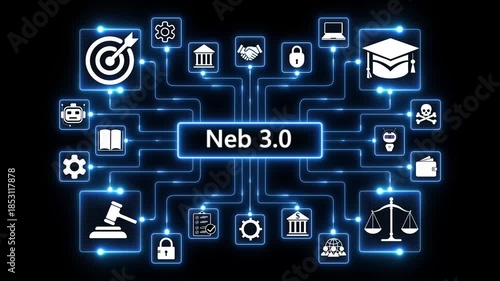 neb 3.0 ,Business, technology, internet and networking concept ,blockchain business concept ,decentralized financial system ,blue and binary. 4k animation on transparent background.