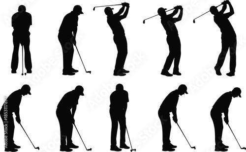 Golf player silhouette illustration set showing swing putting and stance positions isolated on white background sports action concept