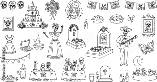 Day of the Dead illustration elements, skulls, skeletons, graves, cakes, and flowers, festive and traditional vector art
