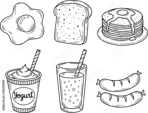 Delicious Breakfast Food Set Hand Drawn Outline Style Featuring Fried Egg, Pancakes, Toast, Yogurt, Drink, and Sausages