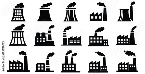 Collection of black and white vector icons representing various industrial factories releasing smoke into the atmosphere