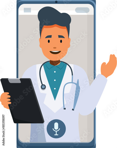 Smiling doctor holding clipboard explaining diagnosis during online consultation using smartphone