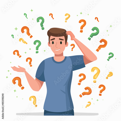 Man puzzled by numerous question marks floating around him