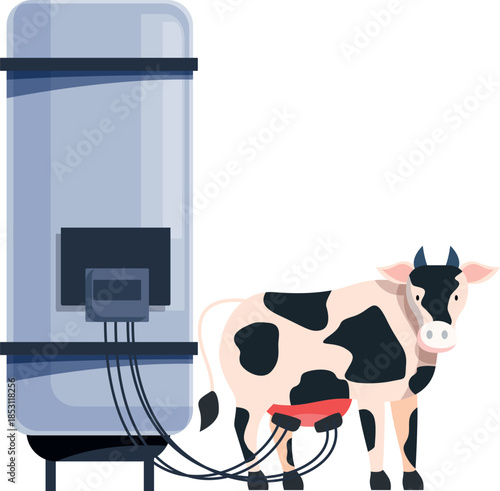 Automated milking machine extracting milk from a cow in a modern dairy farm, showcasing technological advancements in agriculture and livestock management
