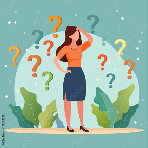 A woman standing with her hand on her head surrounded by question marks in a thoughtful pose