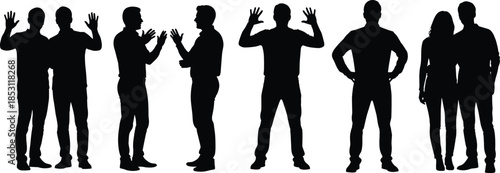Group of people standing silhouette illustration showing men and women communicating gesturing together isolated on white background social interaction concept