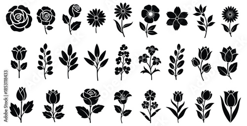 Collection of black and white floral silhouette icons perfect for vector design projects and decoration