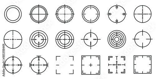 Collection of simple black and white crosshair and target sight icons for design and gaming applications