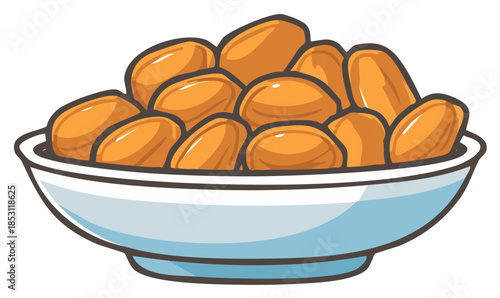 Illustration of a bowl filled with golden brown peanuts or nuts for snacking