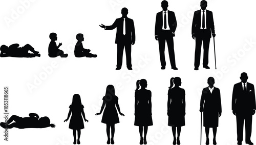 Human life stages silhouette collection showing baby child adult senior male and female figures isolated on white background illustration