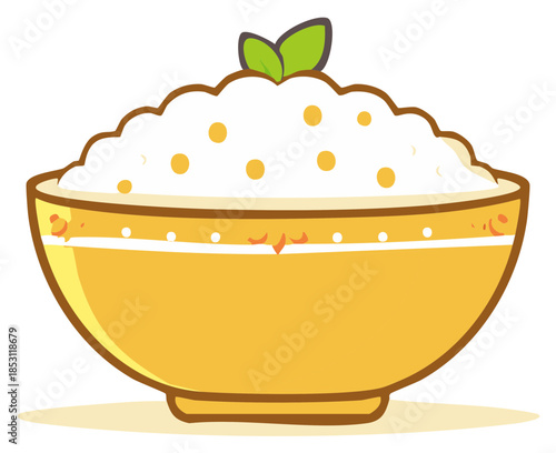 Bowl of Steamed Rice with Green Leaves Cartoon Illustration Healthy Food Concept